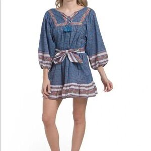 Cleobella Magdalena Mini Dress Lotus Blue Pink Mixed Print Tie Waist Size Large